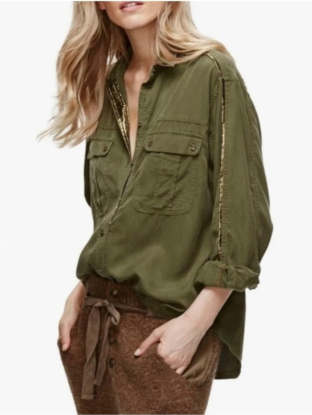 Free People Off Campus Button-Down Shirt Olive Green Metallic Trim - Picture 2 of 11